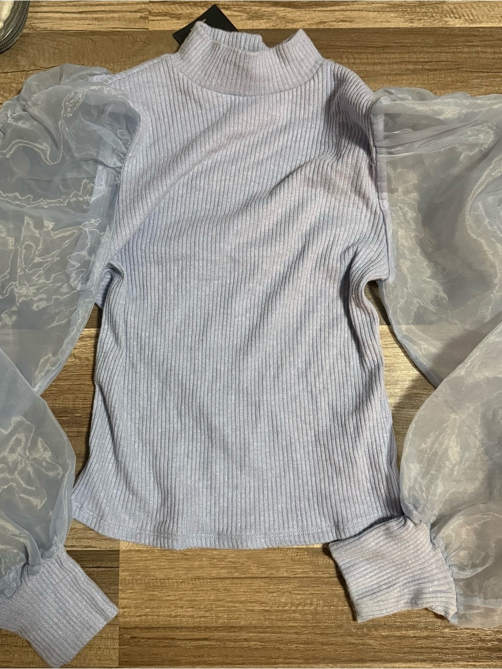 Forever 21 Lavender Ribbed Mock Neck Top with Sheer Puff Sleeves